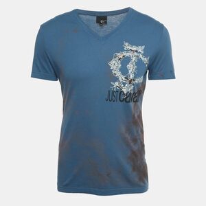 Just Cavalli Blue Printed Jersey V-Neck T-Shirt M